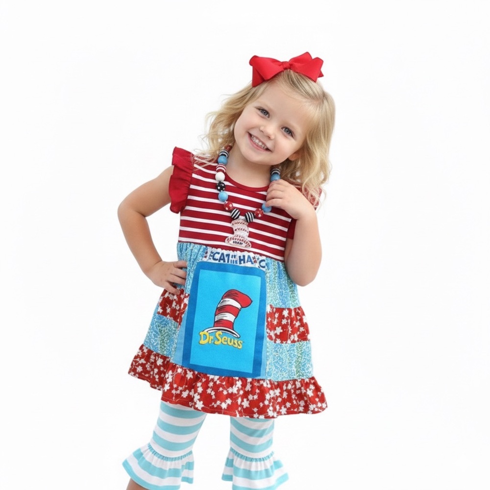 Dr. Seuss dress Cat In the Hat Dress, Capri, necklace Sz 2 3 NWT